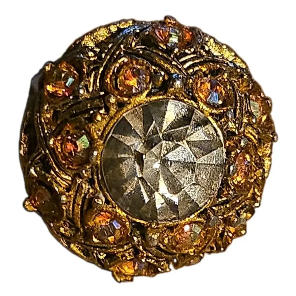 Vintage Smoky Gray Glass Rhinestone AB Cocktail Ring Gold Tone Florenza Style